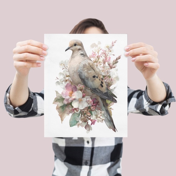 Watercolor Mourning Dove Bird Portrait Wall Art Illustration Print Unframed - Picture 3 of 6